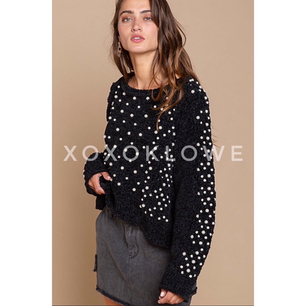 POL Pearl Beaded Black Velvet Chenille Sweater Relaxed Fit - Picture 10 of 13